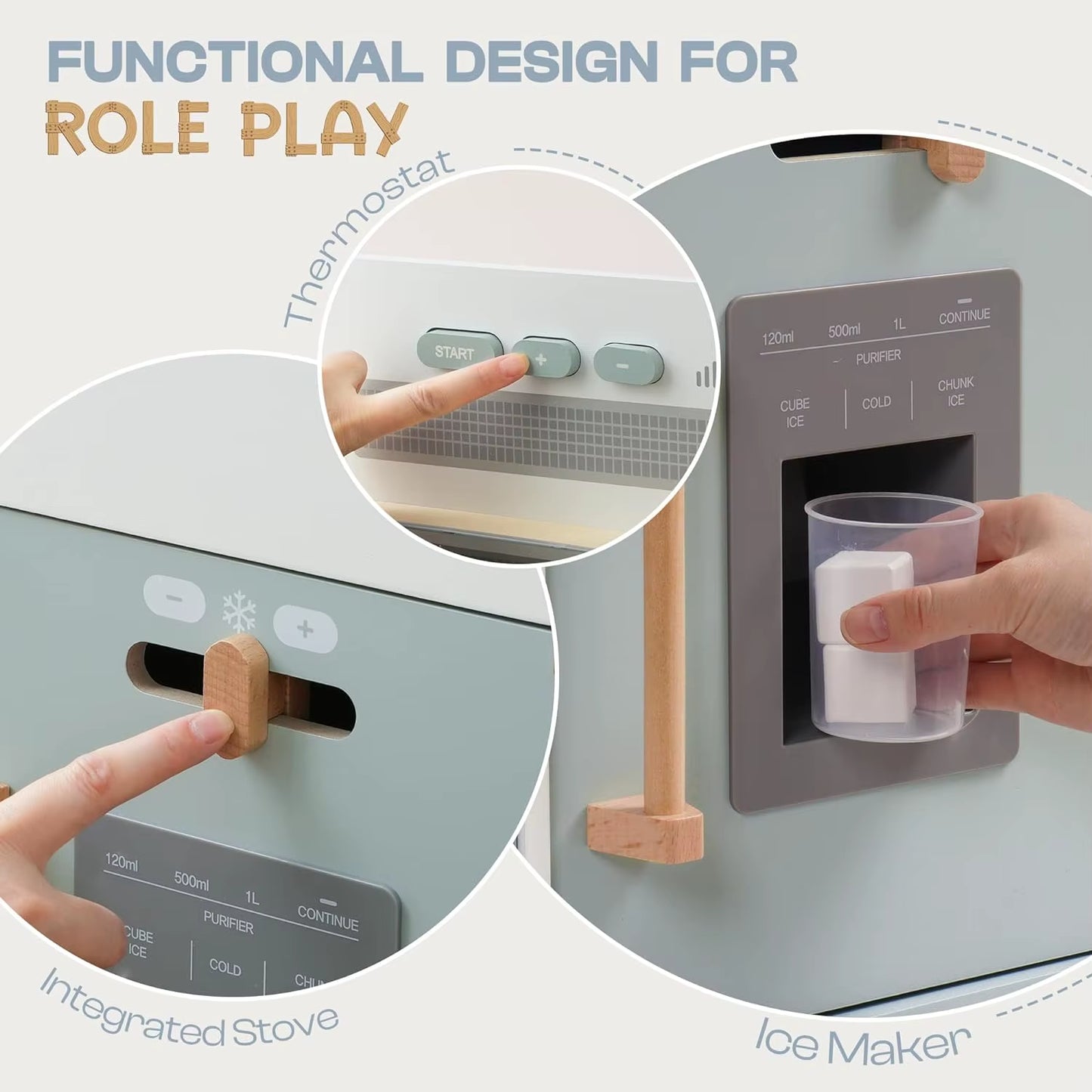Play Kitchen for Toddlers Wooden Play Kitchen with Real Lights Sounds Ice Cube Dispenser Gift for Ages 3+ Blue White