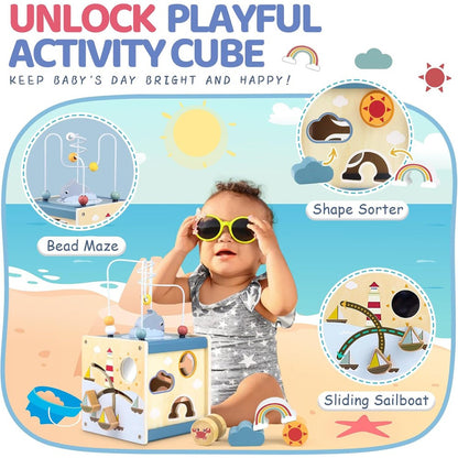 Activity Cube Baby Toys - Wooden Toys for 1 2 3 Year Old Boys and Girls - Table