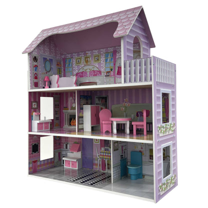 Childrens Kids Wooden Dolls House Playset with 9Pcs Furniture and Accessories