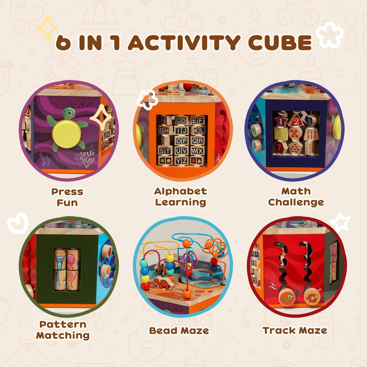 AIYAPLAY Wooden Activity Cube for Toddlers 18+ Months with Bead Maze