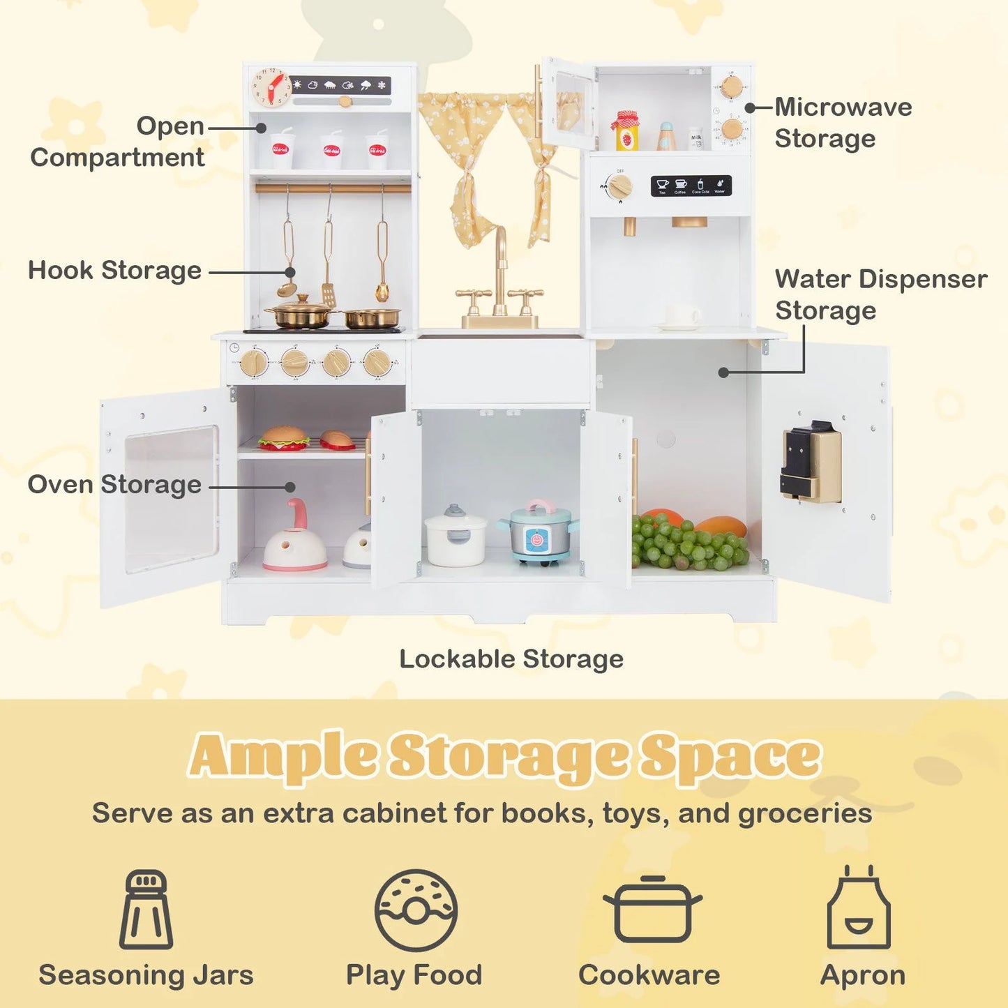Kids Kitchen Playset with Coffee Maker and Stove Top and Golden Utensils