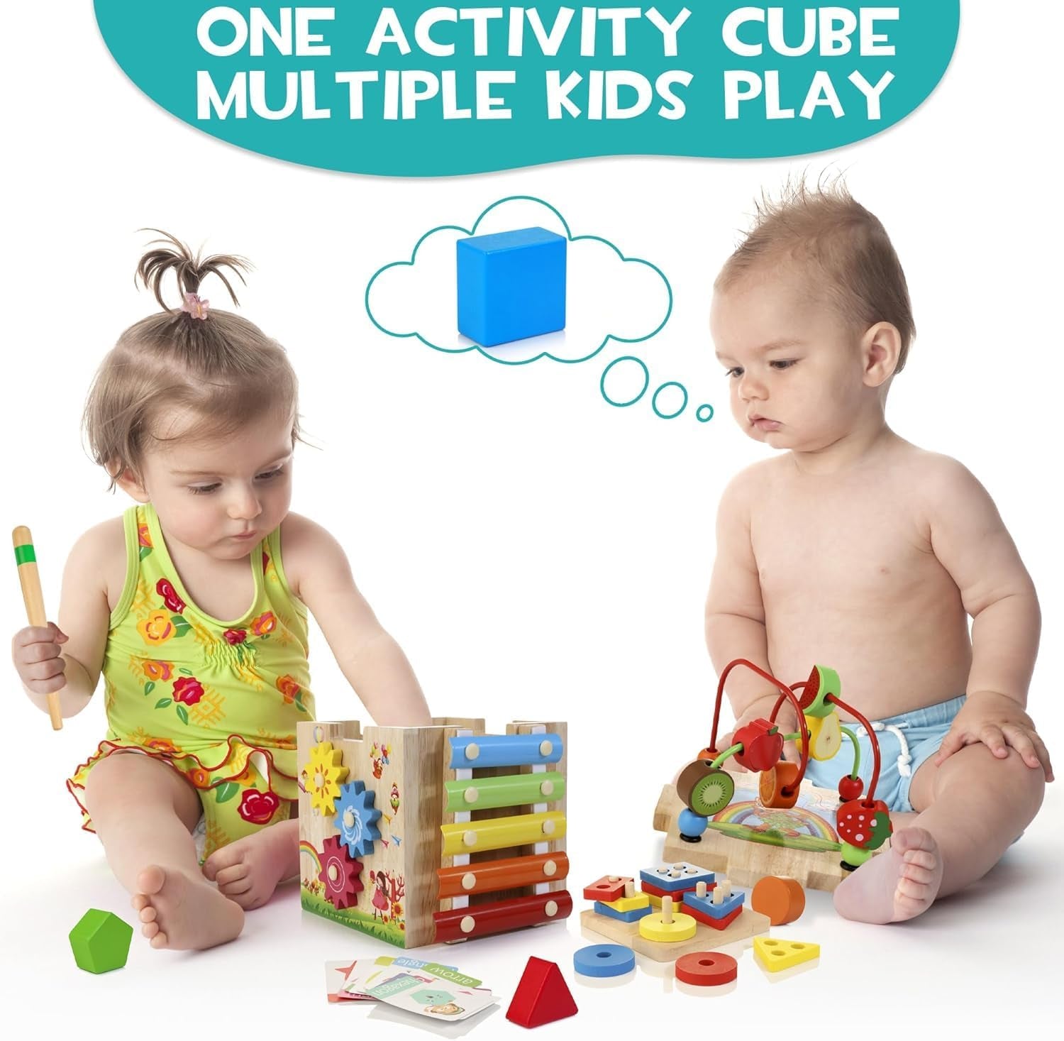Wooden Activity Cube Baby Toys, 8-In-1 Montessori Educational Toy Set, Bead Maze Shape Sorter Abacus Xylophone Words & Clock Learning, STEM Toys for Boys Girls Toys for 1 2 3 Years Old