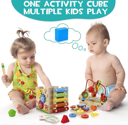 Wooden Activity Cube Baby Toys, 8-In-1 Montessori Educational Toy Set, Bead Maze Shape Sorter Abacus Xylophone Words & Clock Learning, STEM Toys for Boys Girls Toys for 1 2 3 Years Old