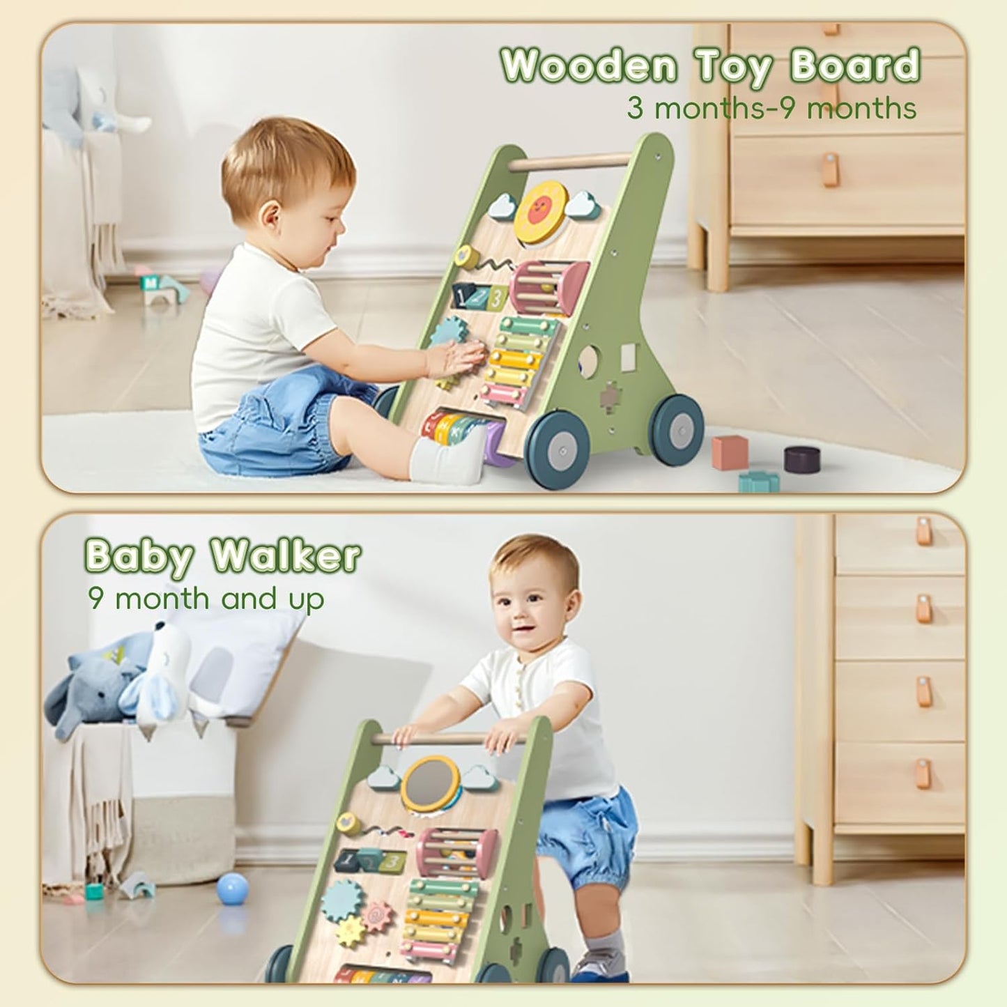 Wooden Walker for Babies 12 Months, Toddler Push along Walker Toy for 1 Year Olds Girls Boys Gifts, 8-In-1 Baby Activity Walker with Wooden Play Food Toys 1St Birthday Presents
