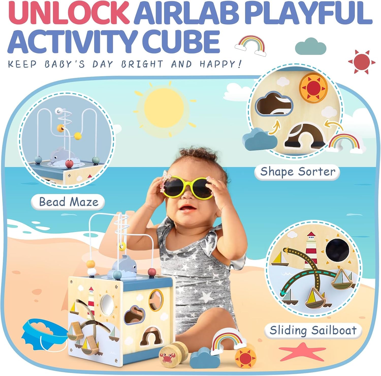 Wooden Activity Cube Baby Toys for 1 Year Old, 1St Birthday Gifts for Girls and Boys, 12+ Months Montessori Toys with Bead Maze Shape Sorter Educational Sensory Toys for Kids Age 1 2 3