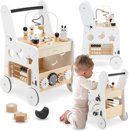 Wooden Baby Walker with Wheels 6-In-1 - Push along Toy 12+ Months - Baby Activity Centre Walker with Shape Sorter, Bead Mazes, Abacus and Gears and Stacking Blocks