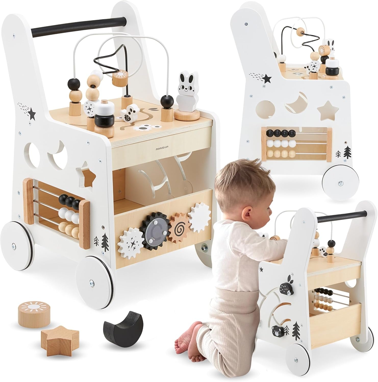 Wooden Baby Walker with Wheels 6-In-1 - Push along Toy 12+ Months - Baby Activity Centre Walker with Shape Sorter, Bead Mazes, Abacus and Gears and Stacking Blocks