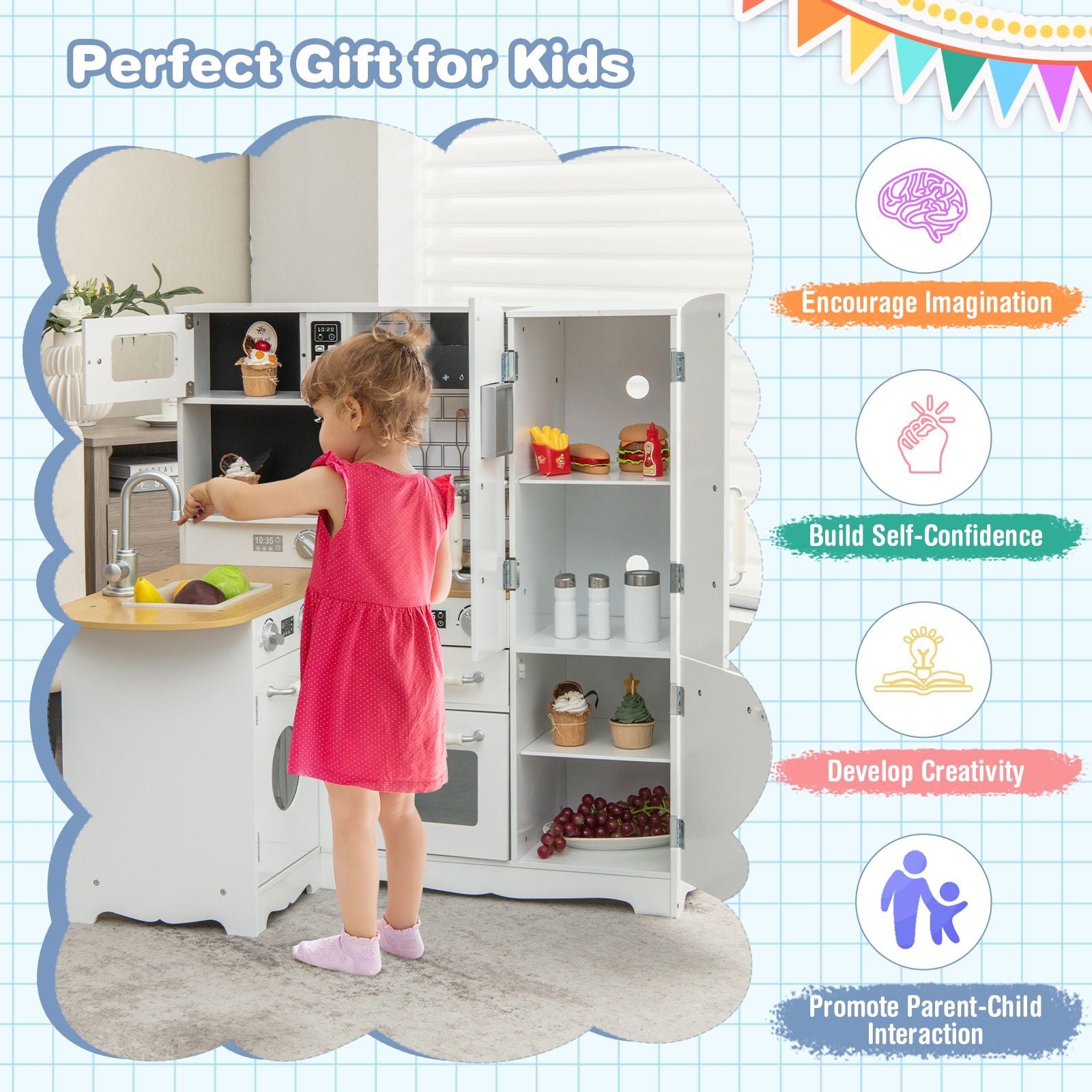 Kid'S Corner Kitchen Playset Wooden Play Kitchen with Range Hood