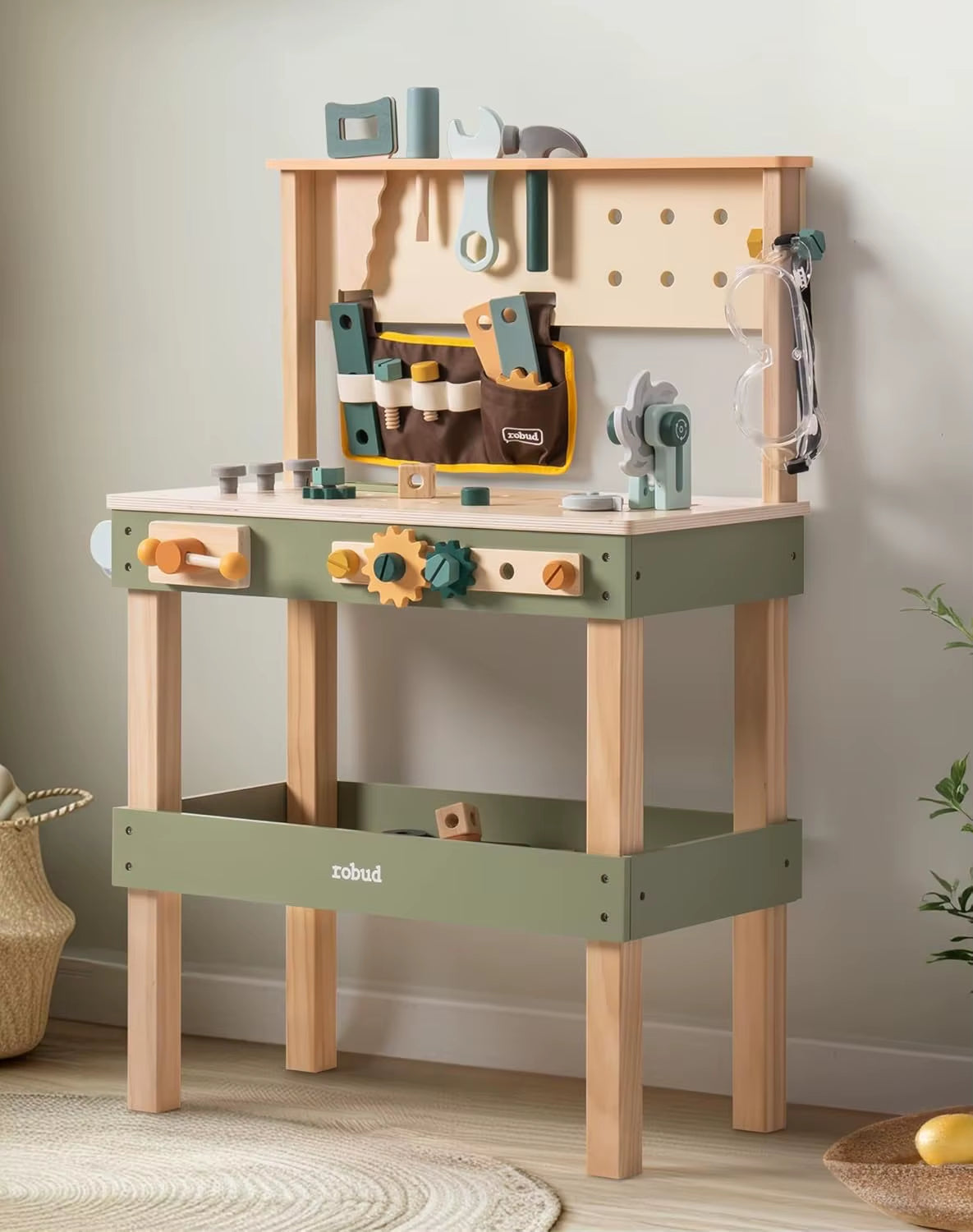 Toddler Pretend Play Kids Workbench Wooden Toy with Tool Belt Goggles Accessories for Creative Assembly Suitable for Age 3