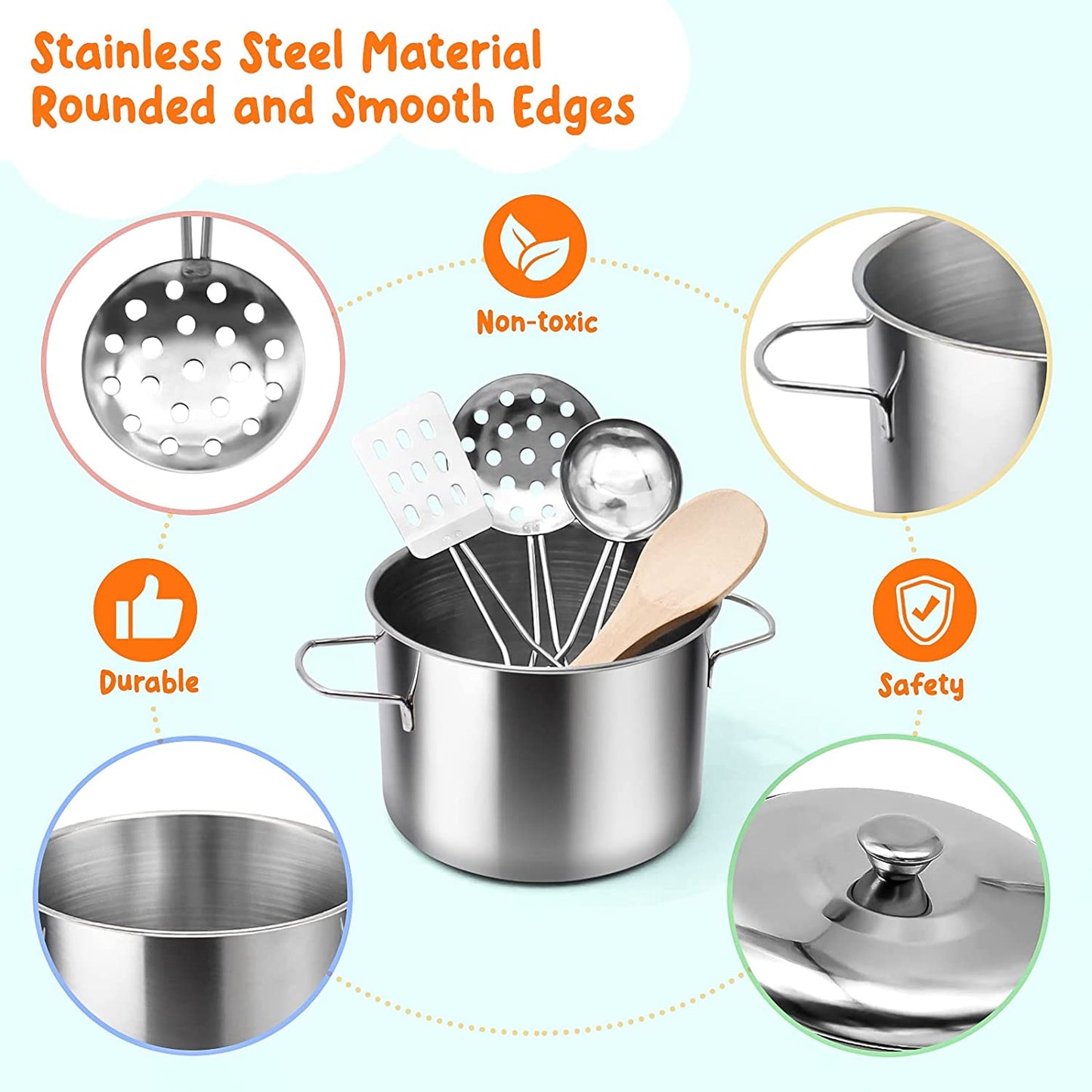 37Items 59Pcs Kids Pretend Play Kitchen Accessories Set, Stainless Steel Play Pots and Pans Sets for Kids, Cooking Utensils, Play Food Pizza Knife Kitchen Playset Toys Gift for Boys Girls Toddlers 3+