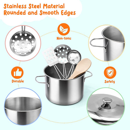 37Items 59Pcs Kids Pretend Play Kitchen Accessories Set, Stainless Steel Play Pots and Pans Sets for Kids, Cooking Utensils, Play Food Pizza Knife Kitchen Playset Toys Gift for Boys Girls Toddlers 3+