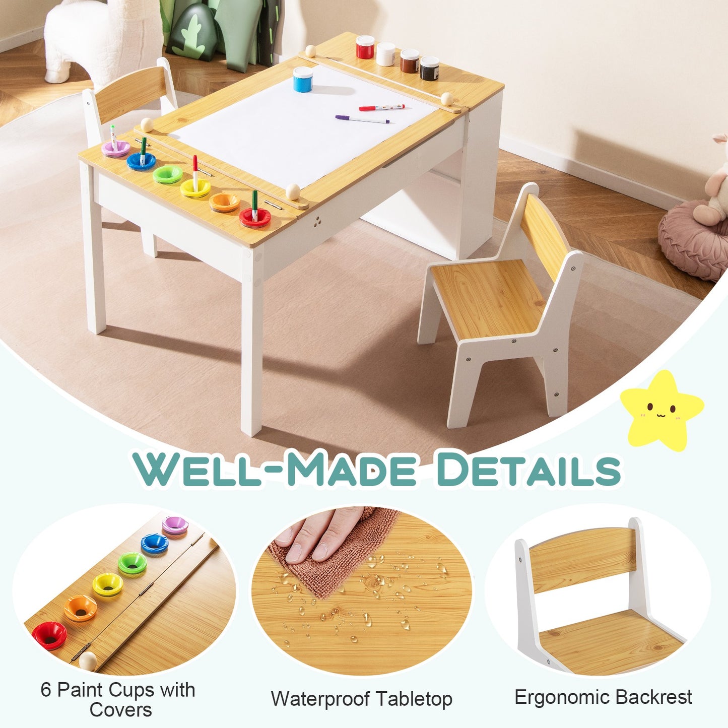 COSTWAY 2-In-1 Kids Art Table and Easel Set Wooden Drawing Desk W/Chairs-Natur