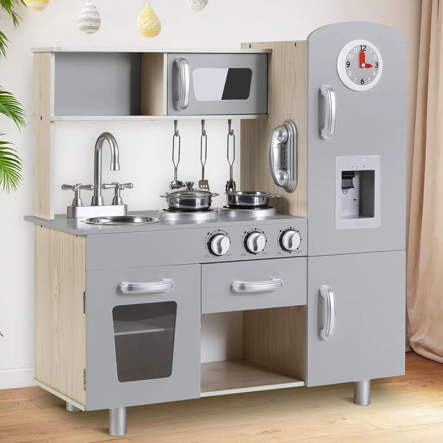 Kids Wooden Pretend Cooking Kitchen Playset with Cabinets for Toddler Play Kitchen Toy Cooking with Lights & Sounds