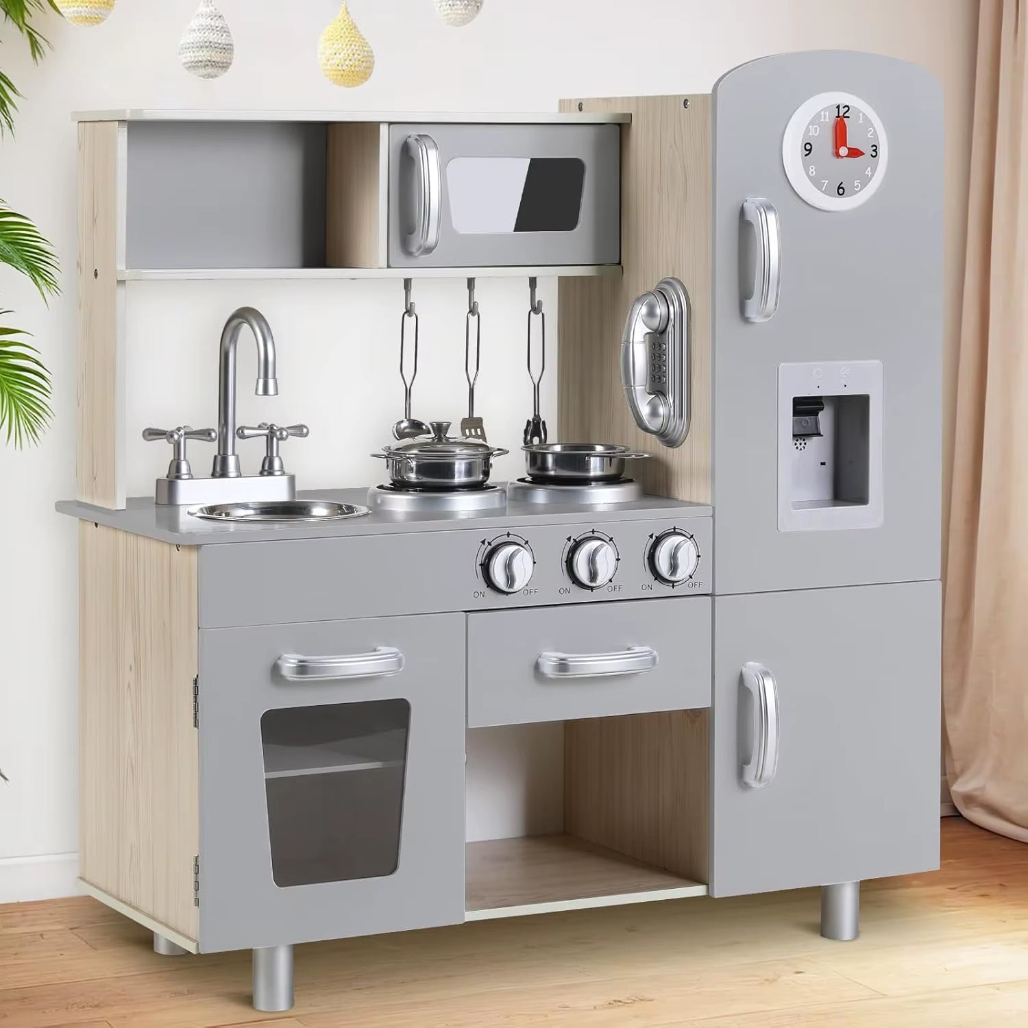 Kids Wooden Pretend Cooking Kitchen Playset with Cabinets for Toddler Play Kitchen Toy Cooking with Lights & Sounds