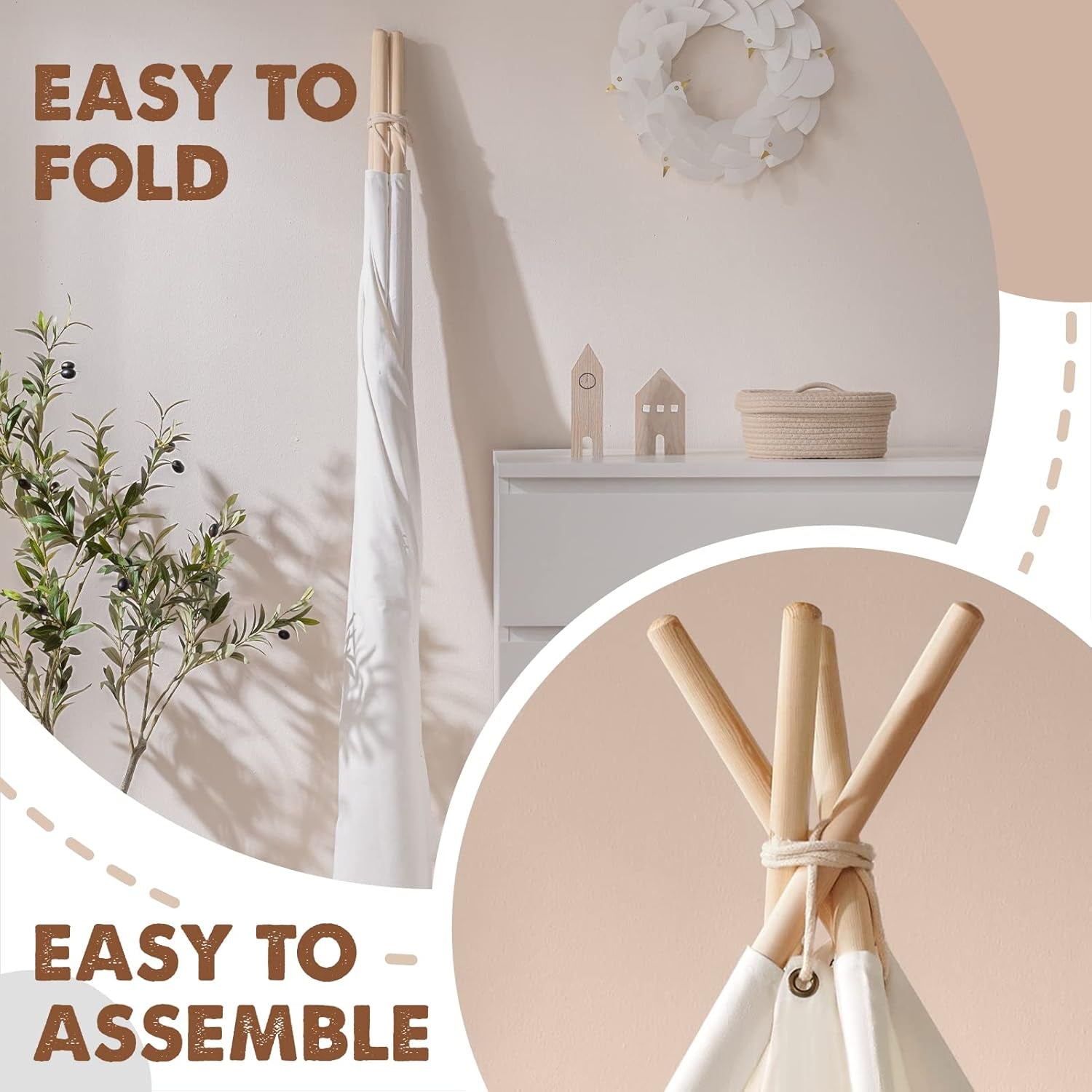 Teepee Tent with Padded Mat, Light String & Carry Case - Kids Foldable Play Tent for Indoor Outdoor, Raw White Canvas - Playhouse - Portable