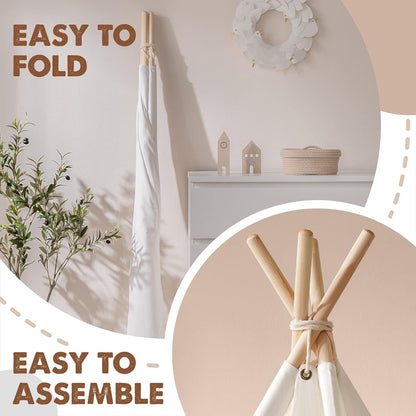 Teepee Tent with Padded Mat, Light String & Carry Case - Kids Foldable Play Tent for Indoor Outdoor, Raw White Canvas - Playhouse - Portable