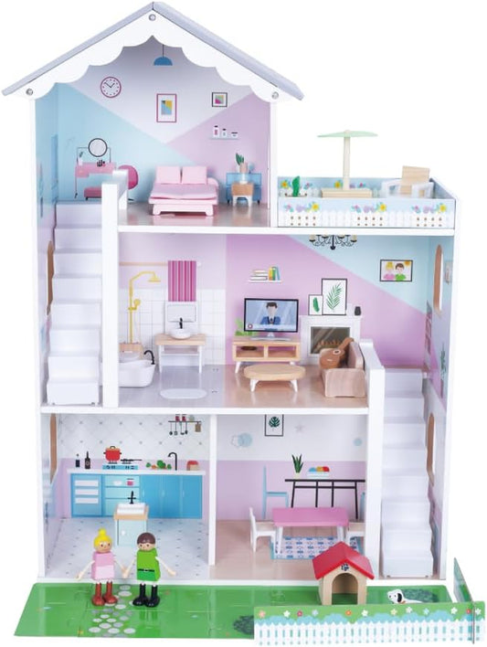Wooden Dolls House – Modern Open Plan Three Storey Dollhouse with 2 Dolls & Furniture Set, Accessories, Sustainable Toy for Kids 3+